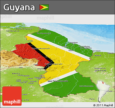 Flag Panoramic Map of Guyana, physical outside, bathymetry sea