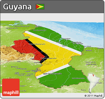 Flag Panoramic Map of Guyana, physical outside, bathymetry sea