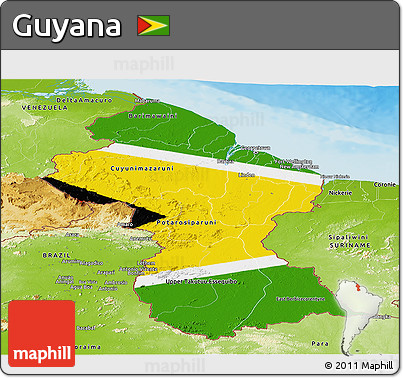 Flag Panoramic Map of Guyana, physical outside, flag centered