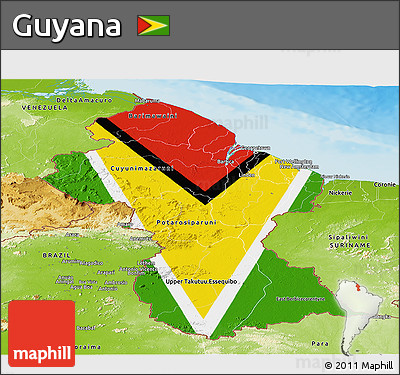 Flag Panoramic Map of Guyana, physical outside, flag aligned to the middle