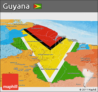 Flag Panoramic Map of Guyana, political outside, flag aligned to the middle