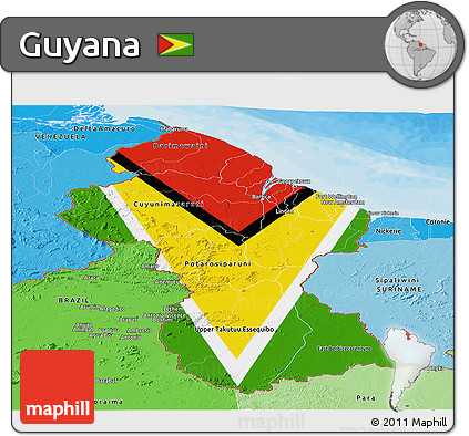 Flag Panoramic Map of Guyana, political shades outside, flag rotated