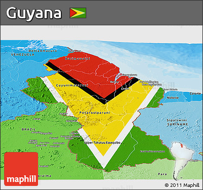 Flag Panoramic Map of Guyana, political shades outside, flag rotated