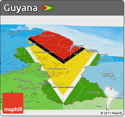 Flag Panoramic Map of Guyana, political shades outside, flag rotated