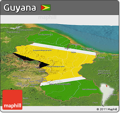 Flag Panoramic Map of Guyana, satellite outside, flag centered