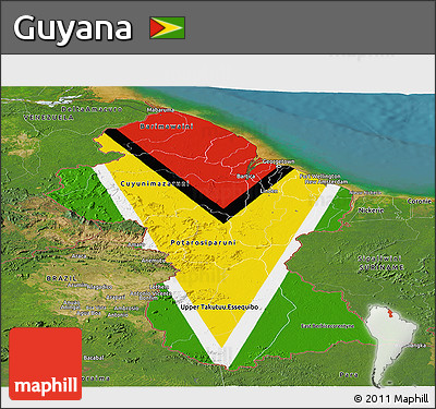 Flag Panoramic Map of Guyana, satellite outside, flag aligned to the middle