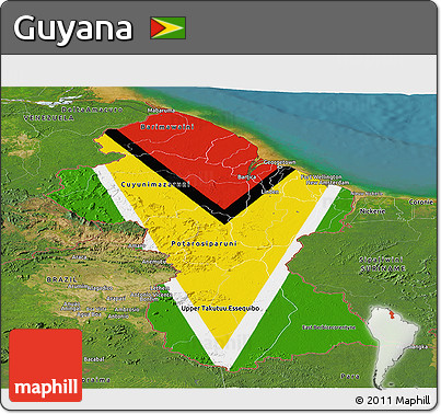 Flag Panoramic Map of Guyana, satellite outside, flag aligned to the middle