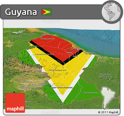 Flag Panoramic Map of Guyana, satellite outside, flag rotated