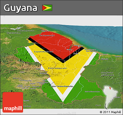 Flag Panoramic Map of Guyana, satellite outside, flag rotated