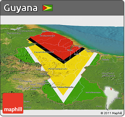 Flag Panoramic Map of Guyana, satellite outside, flag rotated