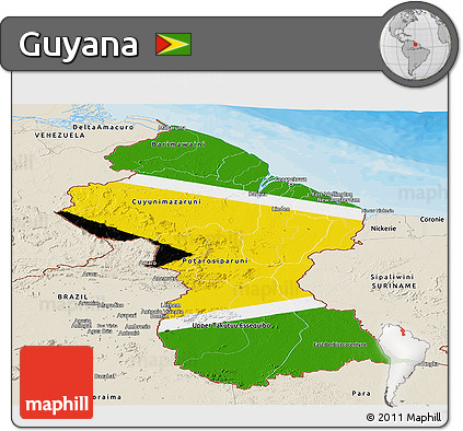 Flag Panoramic Map of Guyana, shaded relief outside, bathymetry sea, flag centered