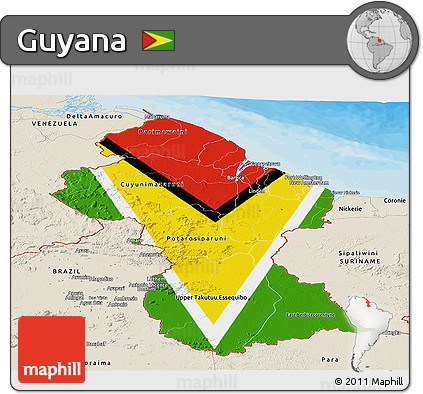 Flag Panoramic Map of Guyana, shaded relief outside, bathymetry sea, flag rotated