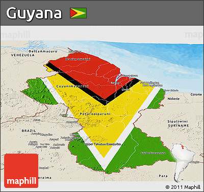 Flag Panoramic Map of Guyana, shaded relief outside, bathymetry sea, flag rotated