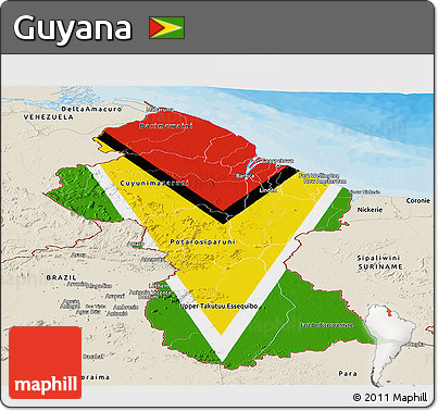 Flag Panoramic Map of Guyana, shaded relief outside, bathymetry sea, flag rotated