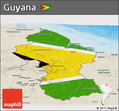 Flag Panoramic Map of Guyana, shaded relief outside, flag centered
