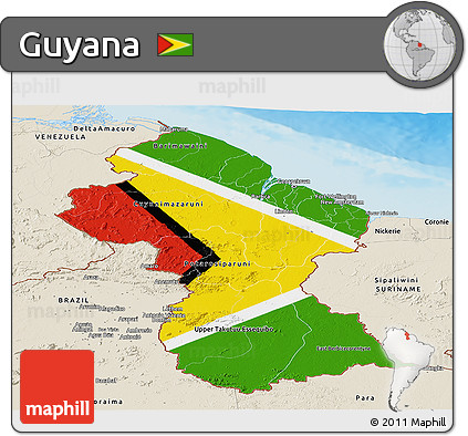 Flag Panoramic Map of Guyana, shaded relief outside