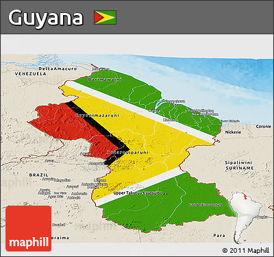 Flag Panoramic Map of Guyana, shaded relief outside