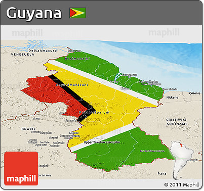 Flag Panoramic Map of Guyana, shaded relief outside