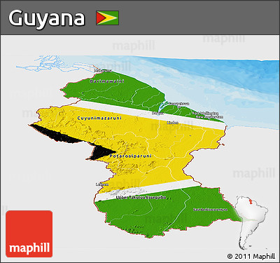 Flag Panoramic Map of Guyana, single color outside, bathymetry sea, shaded relief sea, flag centered