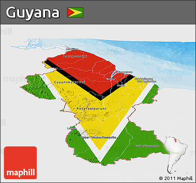 Flag Panoramic Map of Guyana, single color outside, bathymetry sea, shaded relief sea, flag rotated