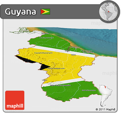 Flag Panoramic Map of Guyana, single color outside, satellite sea, flag centered