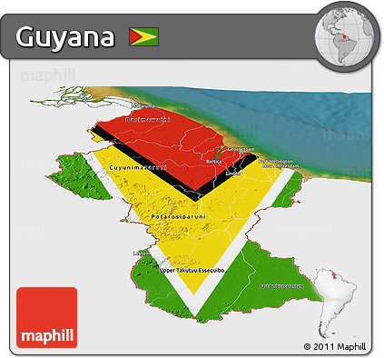 Flag Panoramic Map of Guyana, single color outside, satellite sea, flag rotated