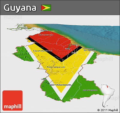Flag Panoramic Map of Guyana, single color outside, satellite sea, flag rotated