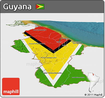 Flag Panoramic Map of Guyana, single color outside, satellite sea, flag rotated