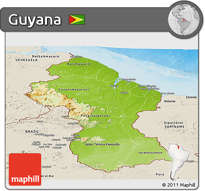 Physical Panoramic Map of Guyana, shaded relief outside