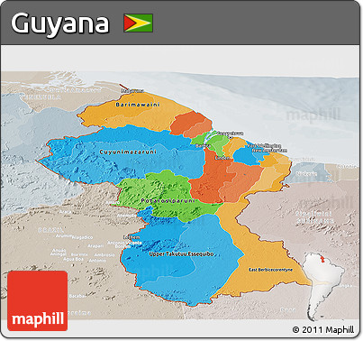 Political Panoramic Map of Guyana, lighten, semi-desaturated