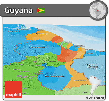 Political Panoramic Map of Guyana, political shades outside