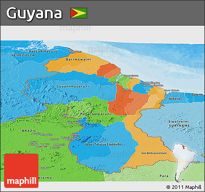 Political Panoramic Map of Guyana, political shades outside