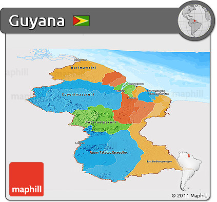 Political Panoramic Map of Guyana, single color outside, bathymetry sea