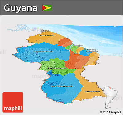 Political Panoramic Map of Guyana, single color outside, bathymetry sea