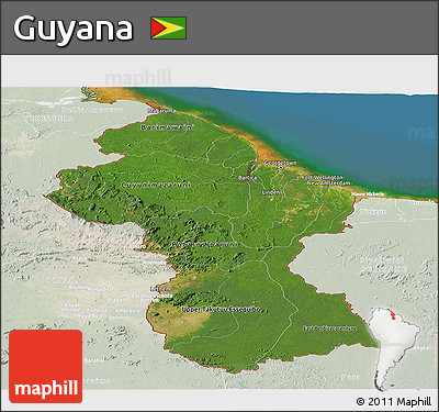 Satellite Panoramic Map of Guyana, lighten, land only