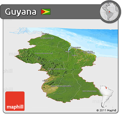 Satellite Panoramic Map of Guyana, single color outside, bathymetry sea