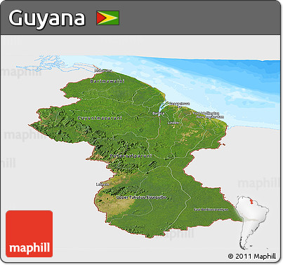 Satellite Panoramic Map of Guyana, single color outside, bathymetry sea