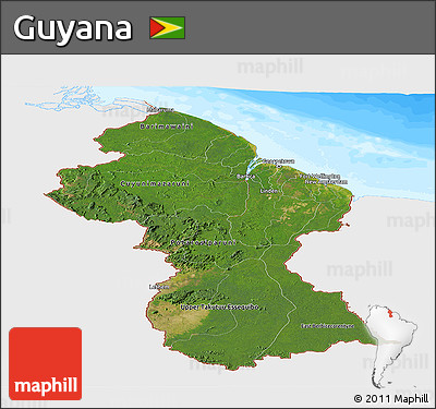 Satellite Panoramic Map of Guyana, single color outside, bathymetry sea