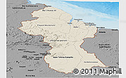 Shaded Relief Panoramic Map of Guyana, darken, desaturated, land only