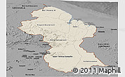 Shaded Relief Panoramic Map of Guyana, darken, desaturated