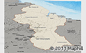 Shaded Relief Panoramic Map of Guyana, darken, semi-desaturated, land only