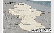 Shaded Relief Panoramic Map of Guyana, darken, semi-desaturated