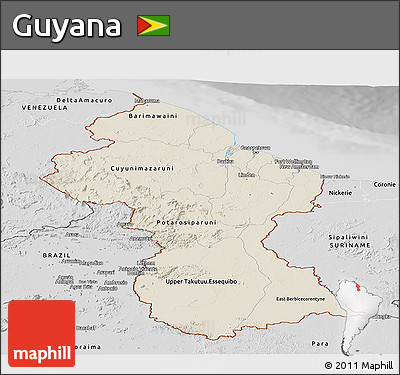 Shaded Relief Panoramic Map of Guyana, desaturated