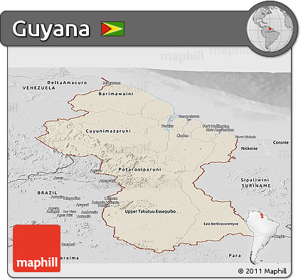 Shaded Relief Panoramic Map of Guyana, desaturated