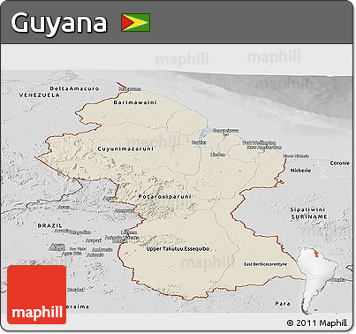 Shaded Relief Panoramic Map of Guyana, desaturated