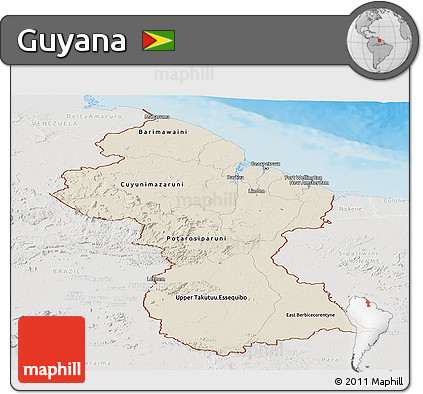Shaded Relief Panoramic Map of Guyana, lighten, semi-desaturated, land only
