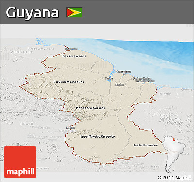 Shaded Relief Panoramic Map of Guyana, lighten, semi-desaturated, land only