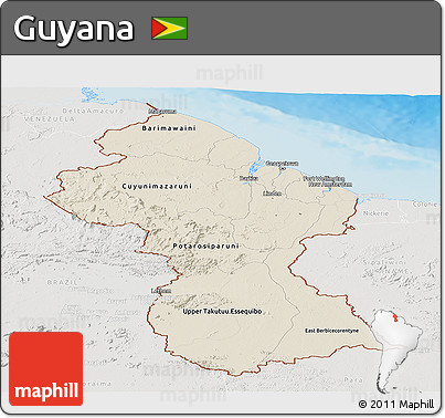 Shaded Relief Panoramic Map of Guyana, lighten, semi-desaturated, land only