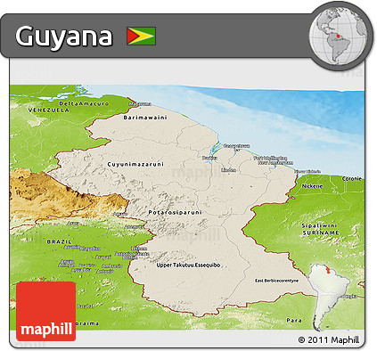 Shaded Relief Panoramic Map of Guyana, physical outside
