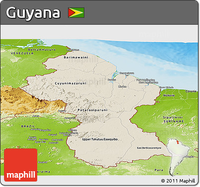 Shaded Relief Panoramic Map of Guyana, physical outside